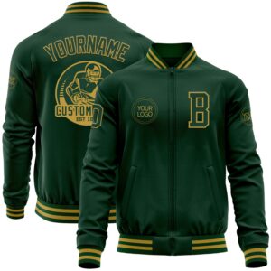 Custom Green Old Gold Bomber Varsity Letterman Zipper Jacket