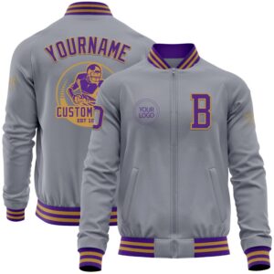 Custom Gray Purple-Old Gold Bomber Varsity Letterman Zipper Jacket