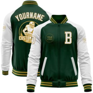 Custom Green White-Old Gold Bomber Varsity Letterman Two Tone Zipper Jacket