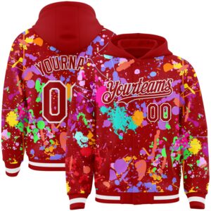 Custom Graffiti Pattern Red-White Splash Bomber Full-Snap Varsity Letterman Hoodie Jacket