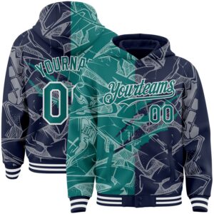 Custom Graffiti Pattern Teal Navy-White Scratch Bomber Full-Snap Varsity Letterman Hoodie Jacket