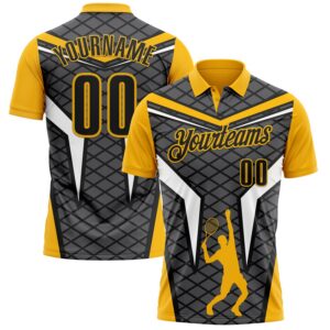 Custom Steel Gray Black-Gold 3D Tennis Performance Polo Shirt